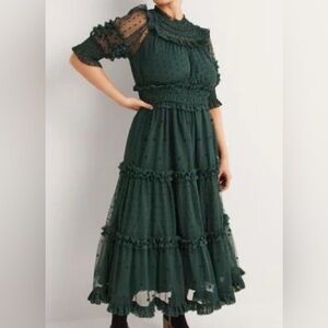 NWT Boden Polka dot tulle green mesh ruffle tiered maxi dress spring summer